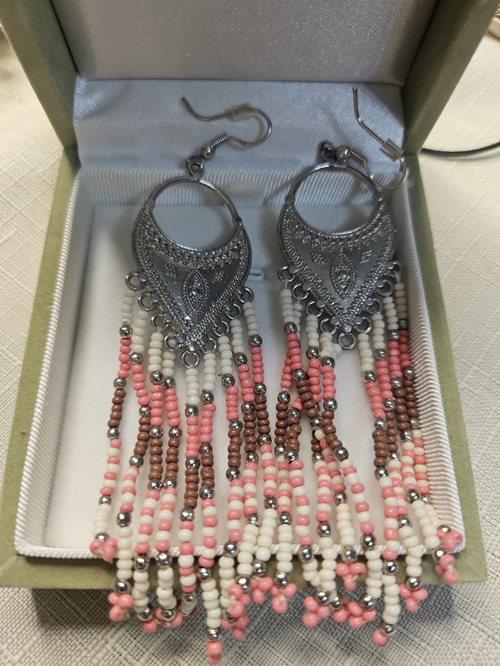 Bohemian Silver-Tone Metal Pink, White & Brown Beaded Fringe Earrings